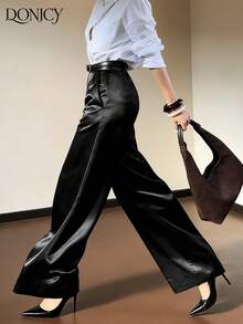DONICY Pantalon large noir pour femmes, tissu drapé, taille haute coupe droite, polyvalent pour le bureau et les occasions décontractées - Noir - Voir 8