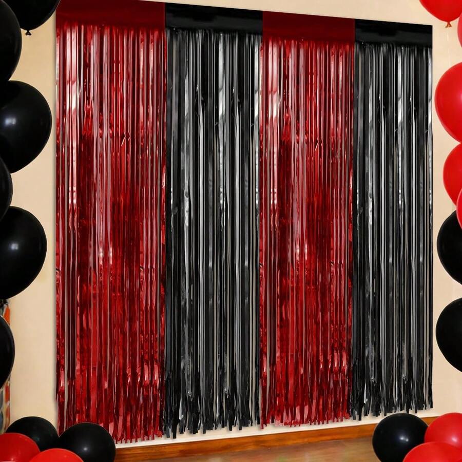 4pcs Red & Black Metallic Foil Fringe Curtain, 3.28x6.56ft Metallic Fringe Photo Backdrop For Halloween Party, 80s Retro Disco Decor, Casino Night Red Carpet Event, Texas Tech Party Decor, Graduation Ceremony Decor 2026
