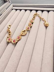1pc Fashionable Delicate Pink Crystal Flower Metal Bracelet, New Women's Essential Gift - Yellow Gold - View 2