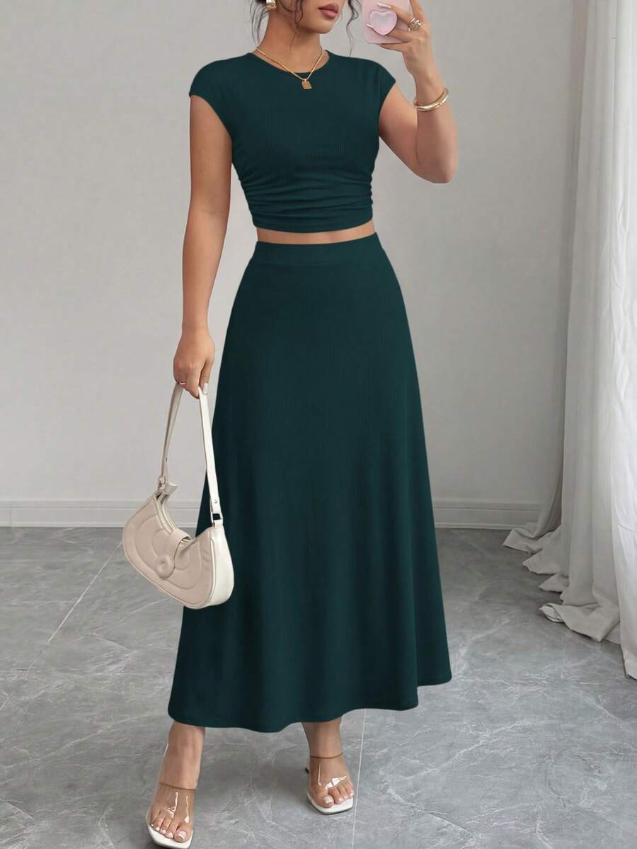 Women Two-Piece Skirt Set Casual Ribbed Knit Solid Crew Neck Short Sleeve Cropped Top Elastic Waist Swing Midi Skirts - 墨綠色 - 查看 1