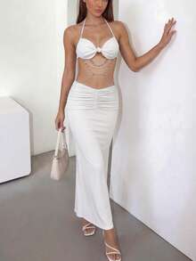 Vestido de tirantes sin espalda sexy con cadena de perlas blancas DOUCIU, para fiestas y vacaciones - Blanco - Ver 5
