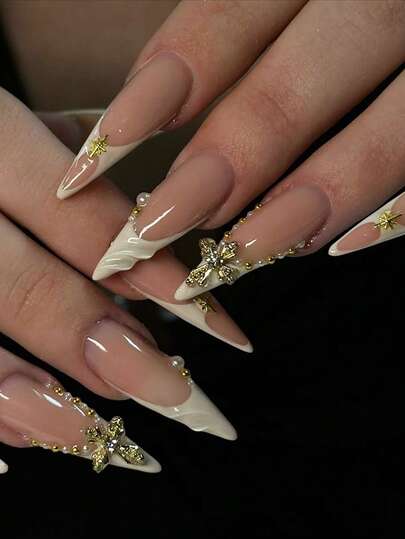 Nude Pink French-Style Luxury Press-On Nails: A 24-Piece Set Of Medium-Length Pointed Press-On Nails Featuring A Nude Pink Base With White French Tips, 3D Gold Accents, Pearls, And Rhinestones. These Elegant, High-End Nails Exude A Sophisticated, Socialite-Inspired Style. They Are Removable And Reusable, Making Them Perfect For Weddings, Parties, And Everyday Wear.