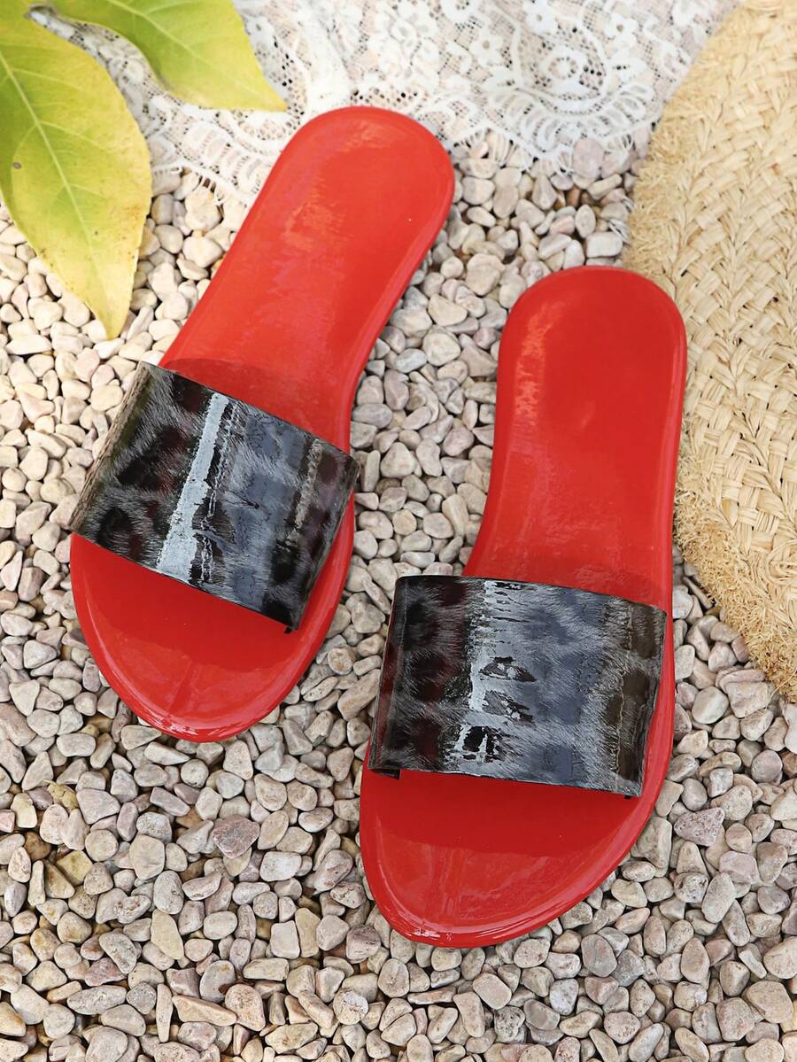Women's Leopard Print Slip-On Comfortable Casual Fashion Red Flat Sandals, Lightweight Slippers For Summer