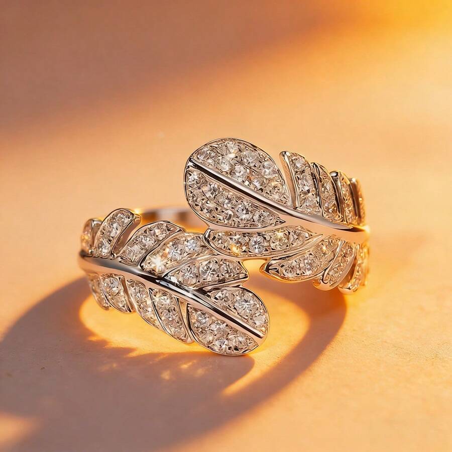 1 chiếc nhẫn bạc S925 thiết kế hình lông vũ hình học, đính đá zirconia tổng hợp, bản nhẫn có thể điều chỉnh, trang sức thanh lịch và sang trọng để đeo hàng ngày dành cho nữ. - Bạc - Xem 1