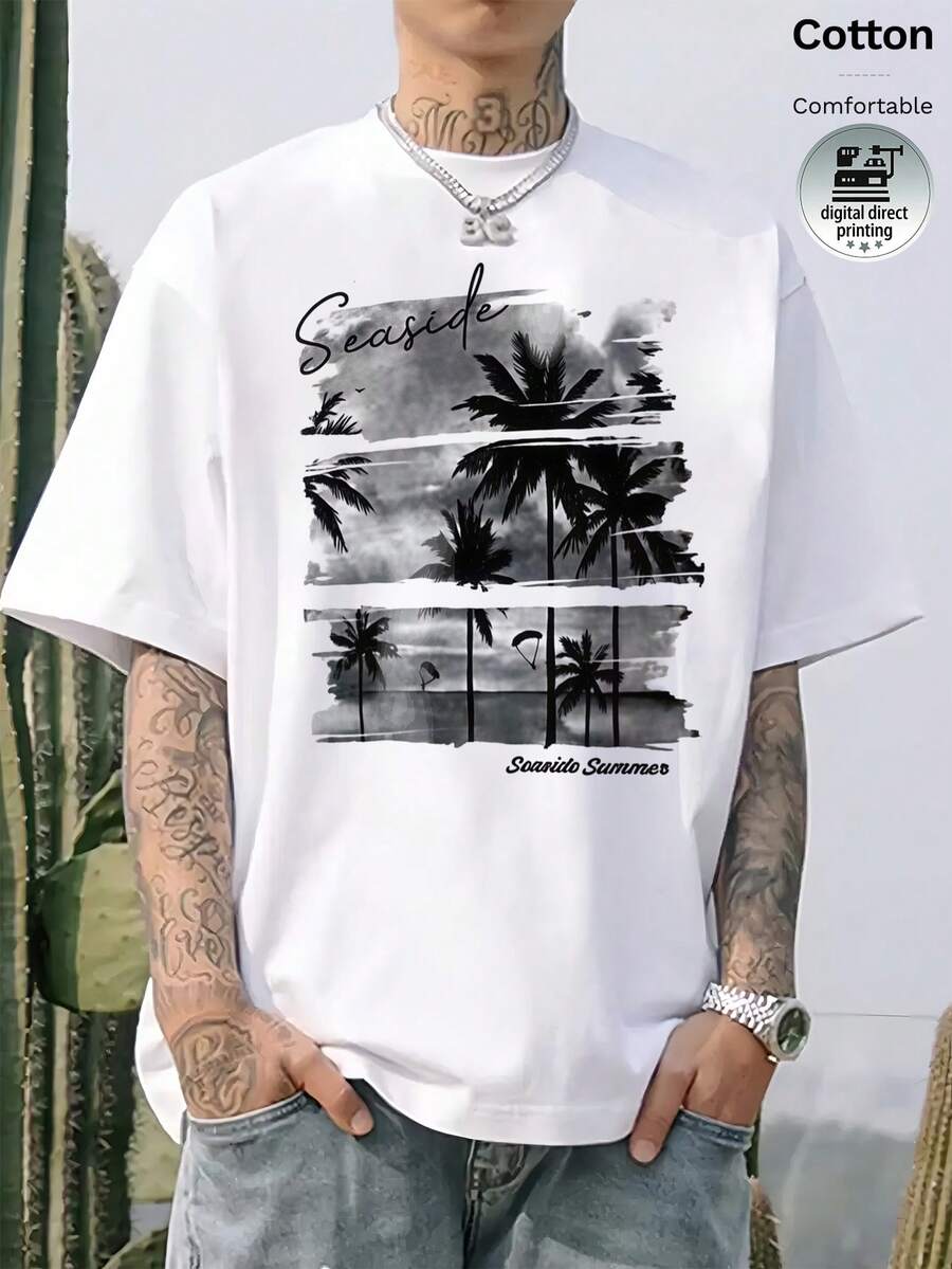Men's Summer 100% Cotton T-Shirt, Featuring Direct-To-Garment Digital Print Design, With A Y2K Street-Style, Loose-Fit, Minimalist Summer Beach Print - White - View 1