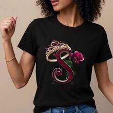 Camiseta Decorada con Corona de Rosas y Letra S para Mujer- 1pcs, 180Gsm, 100% Cotton - Negro - Ver 3