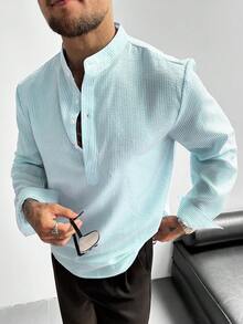 GloMan 男士半開襟立領亞麻長袖襯衫，輕量透氣寬鬆休閒風，適合夏季度假、派對、辦公室日常穿著，男士禮物 - 青碧色 - 查看 2