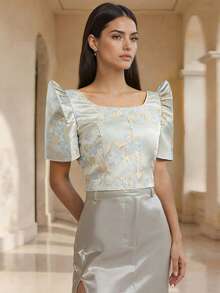 1pc Modern Filipiniana Top With Butterfly Sleeves, Lace-Up Short Sleeve Cardigan Blouse For Women, Holiday, Daily, Wedding, Summer - Blue - View 5