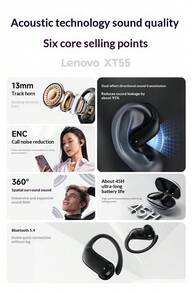 Cuffie Bluetooth Lenovo XT55 con gancio per l'orecchio, wireless, per sport e corsa, nuovo modello 2025, batteria a lunghissima durata, grande capacità, colore bianco [Indicatore di carica + Bluetooth 5.4 + Effetto sonoro HiFi + 45 ore di autonomia] - Visualizzare 6