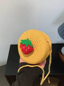 Bolso bandolera tejido con diseño de fresa, bolso de hombro redondo de paja y ratán para mujer - Amarillo - Ver 1