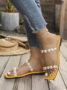 Latest Spring/Summer Women Flat Casual Slippers, Pearl Transparent Crystal TPU, Comfortable Resort Style Sandals Lightweight Versatile - Yellow - View 5