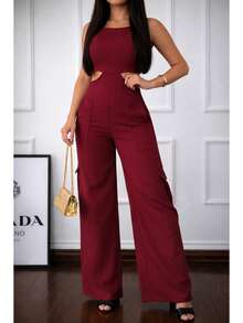 Premium Tailored Cargo Jumpsuit With Straps - Burgundy - View 1