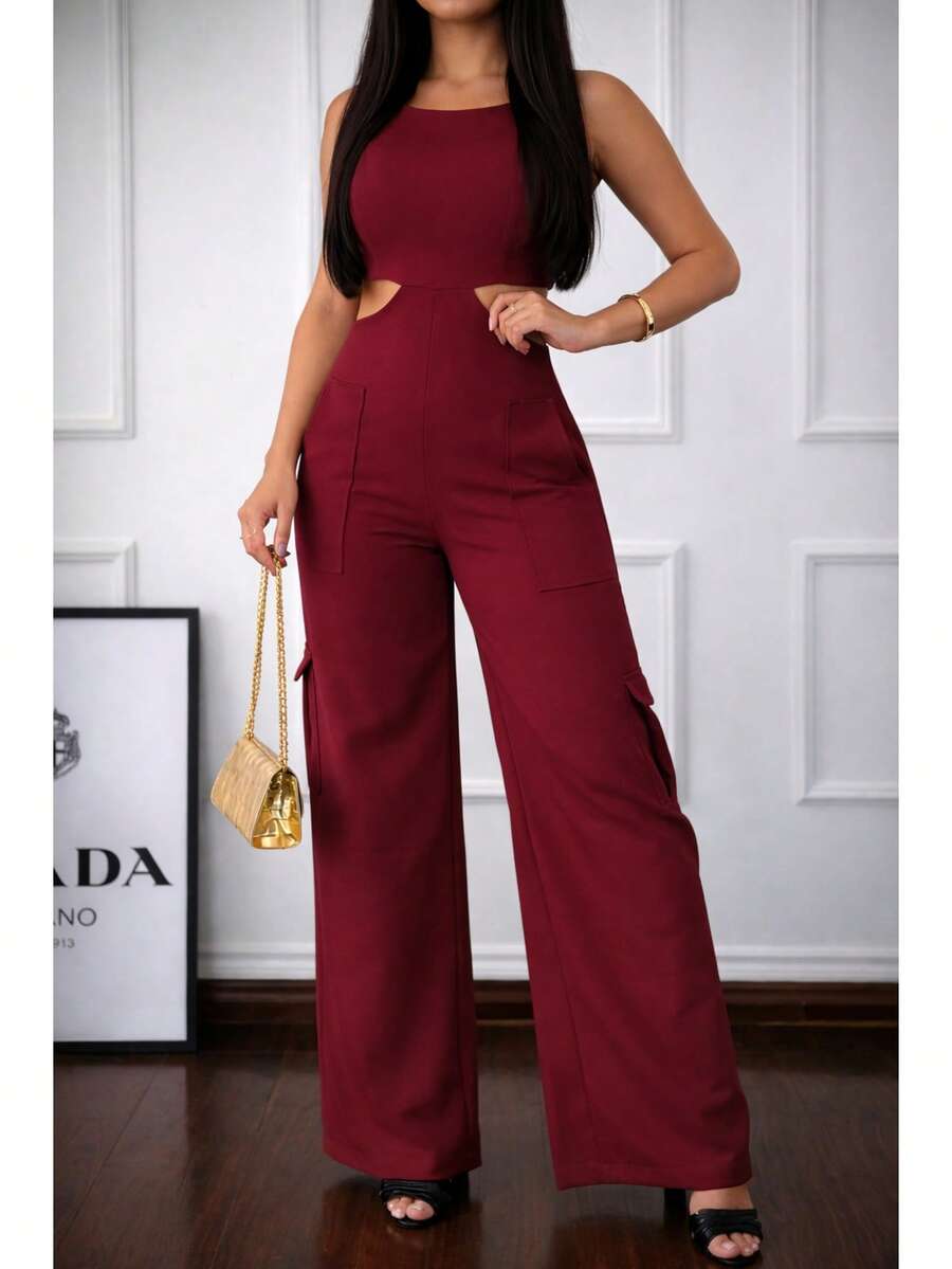 Premium Tailored Cargo Jumpsuit With Straps - Burgundy - View 1