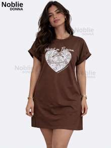 Women's Cotton T-Shirt Dress Printed Casual Loose 100% Cotton - 鏽棕色 - 查看 1
