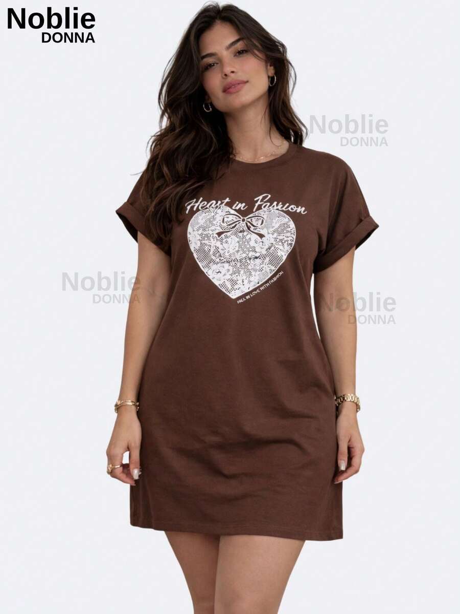 Women's Cotton T-Shirt Dress Printed Casual Loose 100% Cotton - 鏽棕色 - 查看 1