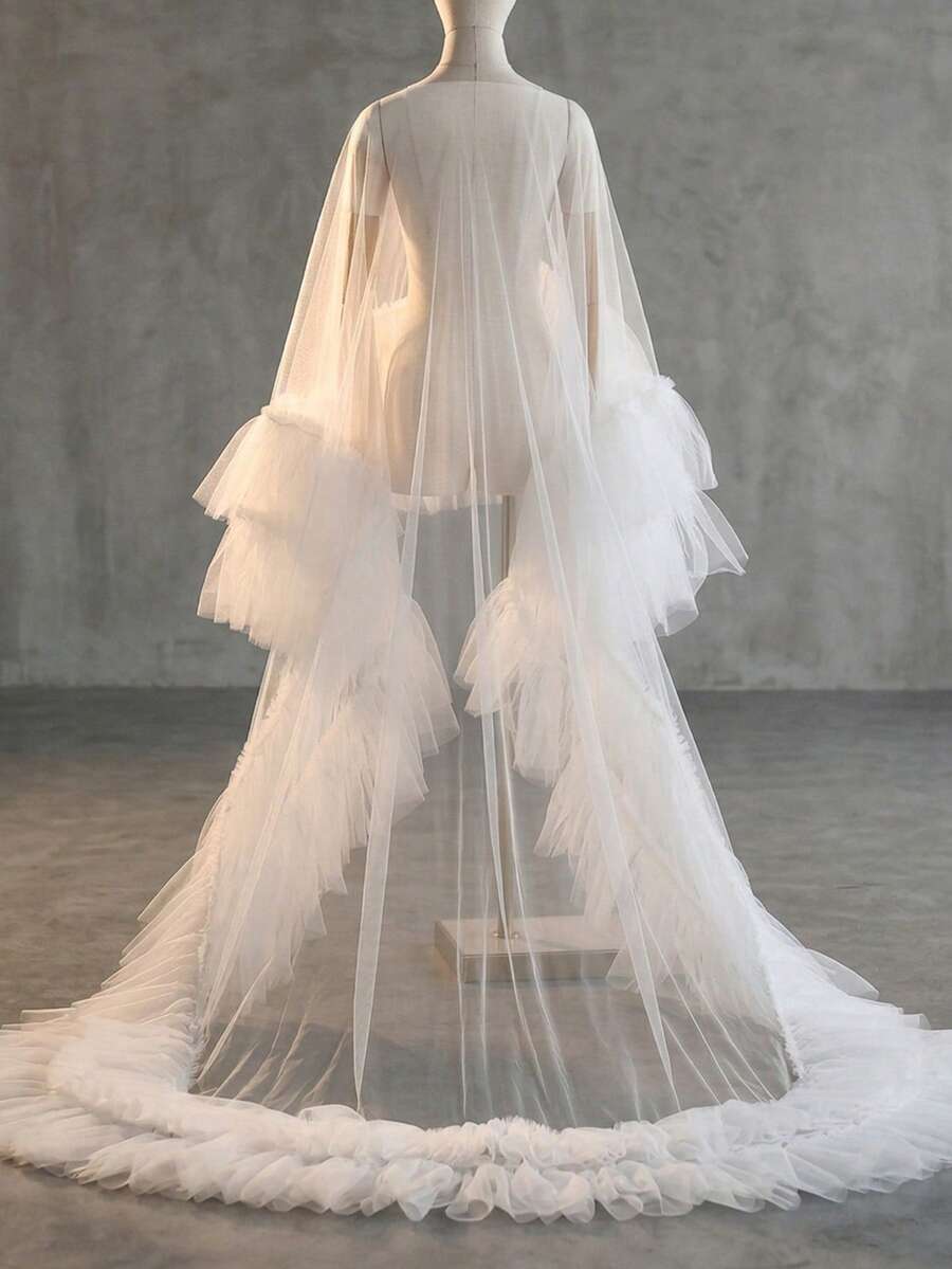 Hochzeits-Bolero, Braut-Cape, Schleier, Schulterbedeckung für Braut, Hochzeitsaccessoires, Rüschenrand Umhang, Schal, weicher Abend-Cape Jacke