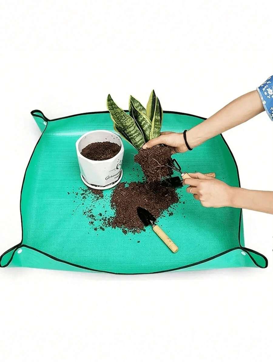 Tapete dobrável verde para transplante de plantas (1 unidade), ideal para plantas em vasos e suculentas em ambientes internos. Feito de PE espesso e impermeável, é fácil de limpar e tem tamanho grande. - A - Ver 1
