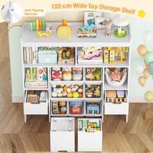 Scaffale per bambini da 122 cm con scatole su ruote, libreria per bambini con 4 scomparti portaoggetti - Bianco - Visualizzare 3