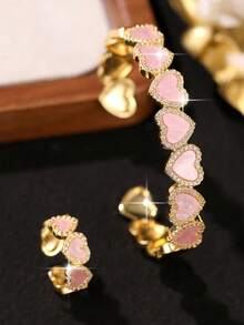 2pcs/1set Fantasy Series Heart Cute Bracelet & Ring Set, Creative Zirconia Women's Bracelet, Daily Commute, Mother's Day, Graduation, Copper Jewelry Ring - Pink - View 3