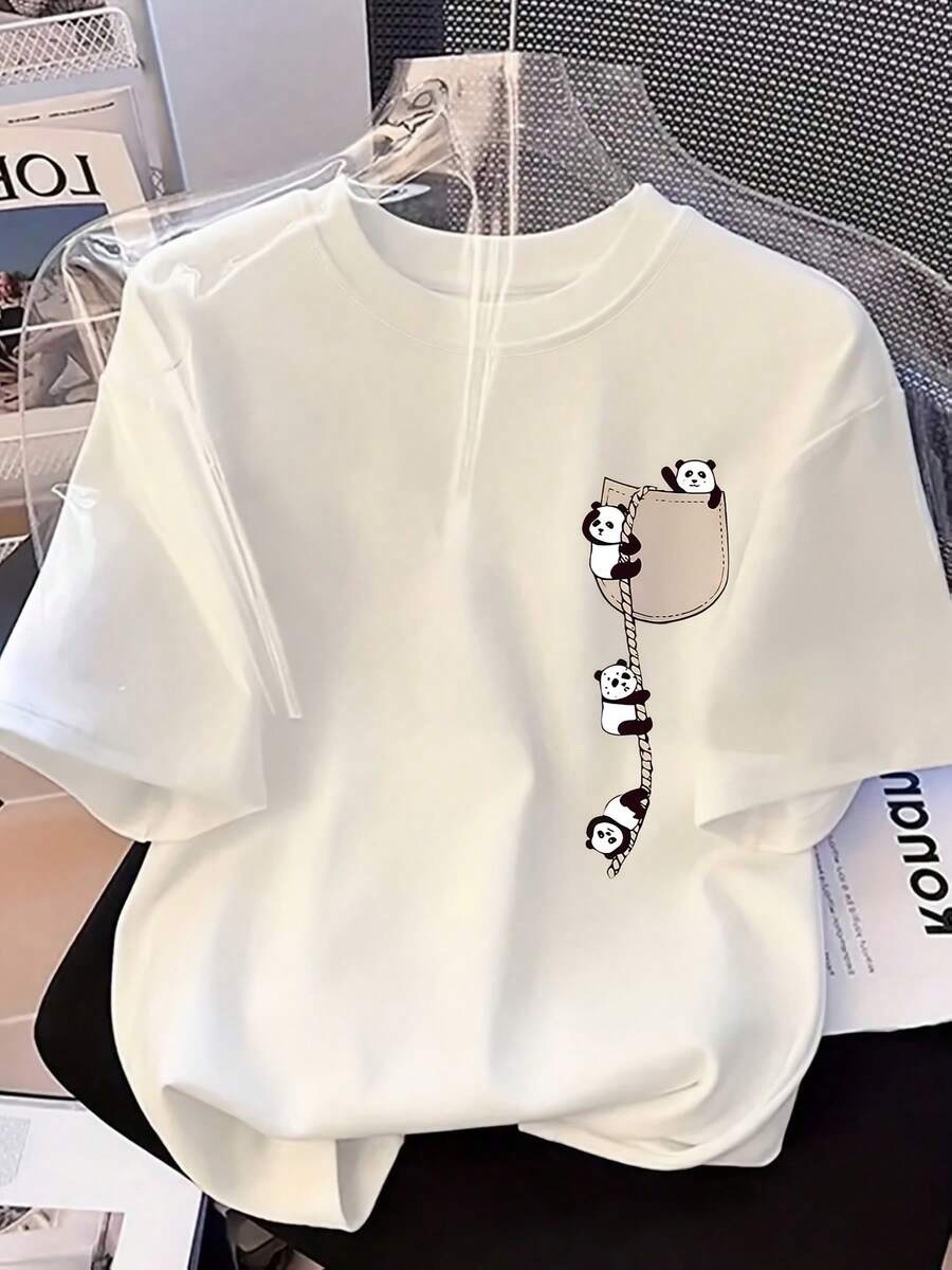 2026 New Fashion Women's Round Neck Panda Print Short Sleeve Summer Casual T-Shirt - White - View 1