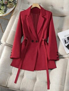 棕色系带双排扣女士西装外套，中长款修身通勤大衣，挺括垂坠面料，优雅休闲外套，适合25-45岁女性，春季款 - 酒紅色 - 查看 3