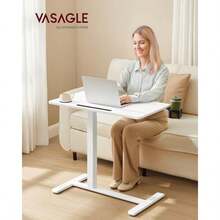 VASAGLE Escritorio con Ruedas Mesa Auxiliar Altura Ajustable Tablero de 80 x 45 cm 2 Portavasos Blanco Nube MLSD601W01 - 80 cm de largo x 45 cm de ancho - Ver 2