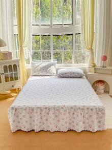 Bộ 3 món (1 ga trải giường, 2 vỏ gối) họa tiết hoa, lưới, in hình mèo con với viền lá sen, ga trải giường che phủ toàn bộ giường, chống bụi, có viền váy, bộ 3 món ga trải giường xếp ly kèm 2 vỏ gối. - Mèo trong bụi rậm - Xem 6