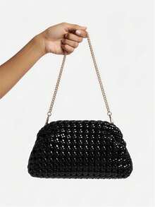 Medium Silver Black Gold Braided Crossbody Bag With Chain - Black - View 8