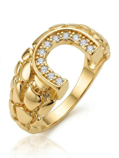 1枚14K镀金动物马蹄形戒指，金块造型时尚男士饰品，适合日常佩戴、约会、派对、情人节、圣诞节、生日等场合，是理想的礼物之选。