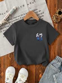 男童休闲印花圆领短袖T恤，夏季上衣 - 深灰色 - 查看 6