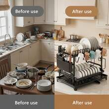 HanTai 2 Tier Dish Drying Rack For Kitchen Counter - Large Dish Drainer With Drainboard & Utensil Holder, Extendable Spout Strainers, Knife Slots, And Cup Organizer (Black) - View 7