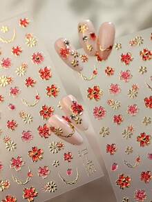 1 adesivo de unha 5D com flor vermelha delicada, decoração de unha autoadesiva floral com detalhes em folha de ouro para você fazer você mesma. - Multicolorido - Ver 6