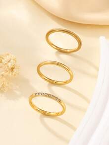 3件套不锈钢女士金色简约2毫米光滑哑光水钻戒指套装，适合日常佩戴或作为礼物 - 金黃色 - 查看 1