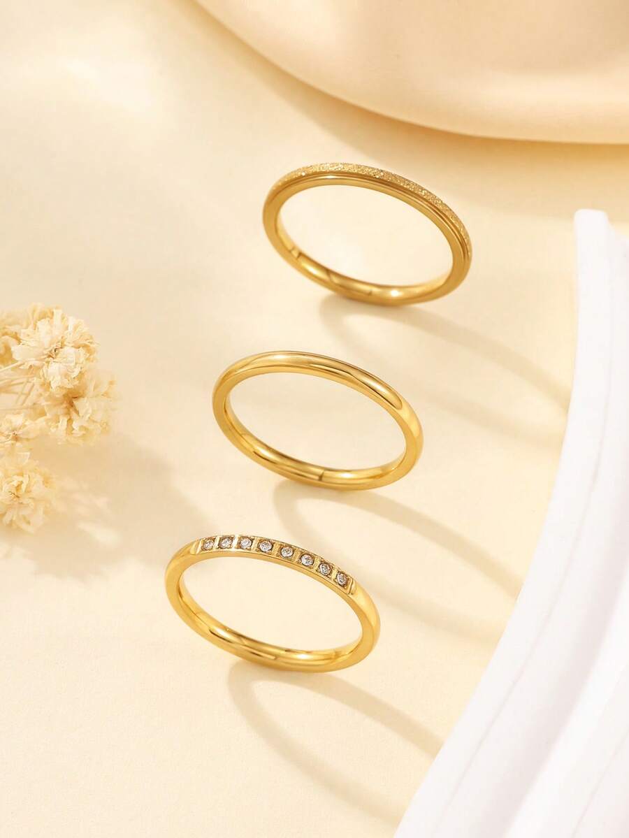 3件套不锈钢女士金色简约2毫米光滑哑光水钻戒指套装，适合日常佩戴或作为礼物 - 金黃色 - 查看 1