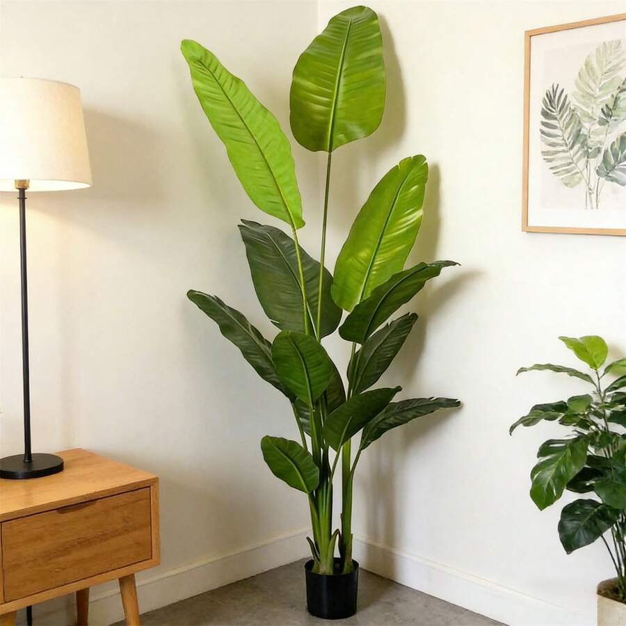 210cm Artificial Bird Of Paradise Plant, 7ft Faux Palm Tree With Realistic Leaves & Black Pot, Large Zero Maintenance Fake Plant For Home Office Indoor Decor - Green - View 1
