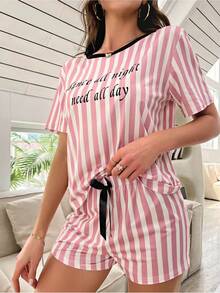 2pcs Casual Striped Letter Print Short Sleeve Top And Shorts Pajama Set For Women - Pink - View 4