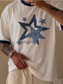 Men's Star Print T-Shirt - Distressed Denim Patch Design T-Shirt, Retro Hip Hop Loose Short Sleeve Top - White - View 8