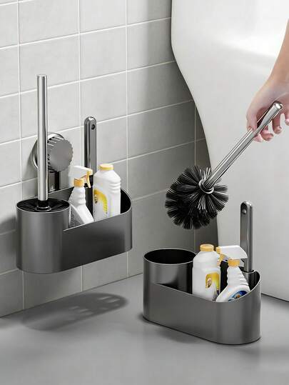免打孔吸盘式马桶刷套装，节省空间的浴室用品，带收纳托盘的浴室清洁工具，可清洁死角马桶，家居用品，浴室收纳架，浴室置物架，多种多功能清洁工具