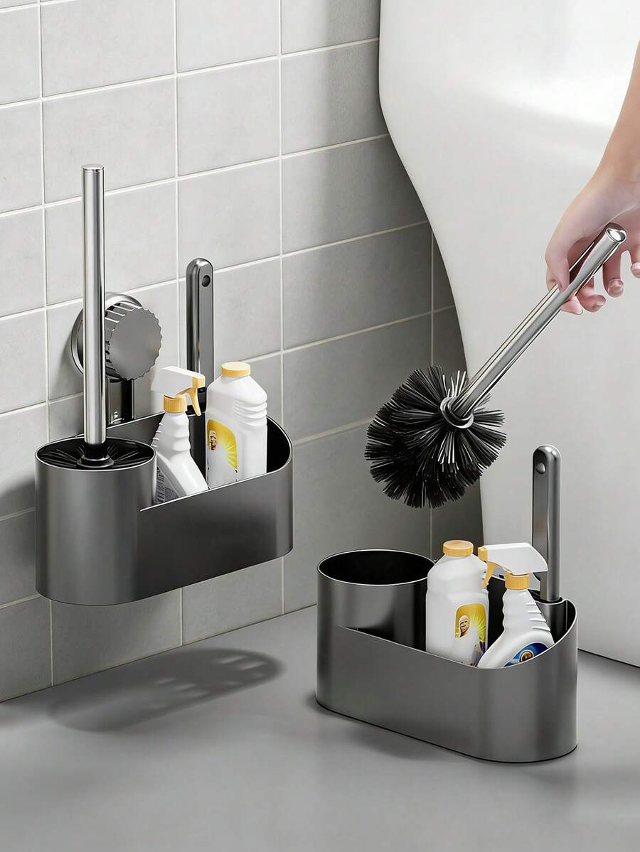 Bộ cọ toilet hút chân không không cần khoan, phụ kiện phòng tắm tiết kiệm không gian với khay đựng, dụng cụ vệ sinh phòng tắm cho những khu vực khó tiếp cận, vật dụng gia đình, giá đựng đồ phòng tắm, dụng cụ vệ sinh đa năng.
