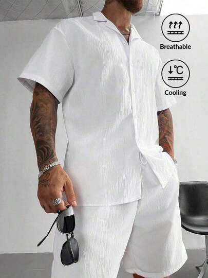 2pcs Men's Summer Set, Lightweight Breathable Cuban Linen Shirt And Drawstring Shorts Set, Vintage Gentleman Style Casual Beach Wedding Party Holiday Travel Outfit, Father's Day Gift For Husband, Dad, Boyfriend, Comfortable & Versatile