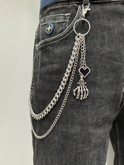 1条哥特式金属裤链，铝链和铁链组合，饰有心形和骷髅头图案，男女皆宜的时尚朋克配饰链，适合日常、街头、派对佩戴，亦可作为节日礼物。