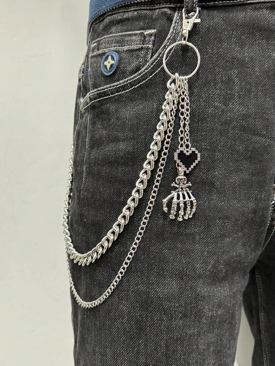1 buah Rantai Celana Logam Gaya Gothic, Rantai Aluminium, Kombinasi Rantai Besi dengan Desain Hati & Tengkorak, Rantai Aksesori Punk Fashion Unisex, Cocok untuk Pemakaian Sehari-hari, Jalanan, Pesta, Hadiah Liburan - Perak - View 1