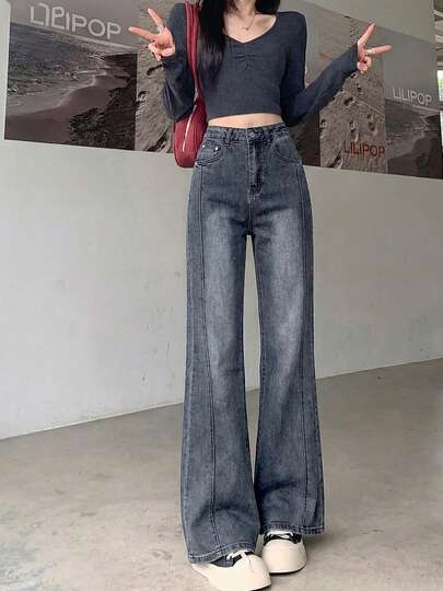 修身复古喇叭弹力牛仔裤，九分裤长，女士春季款