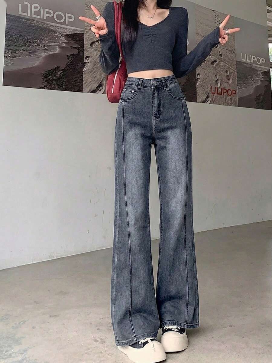 修身复古喇叭弹力牛仔裤，九分裤长，女士春季款