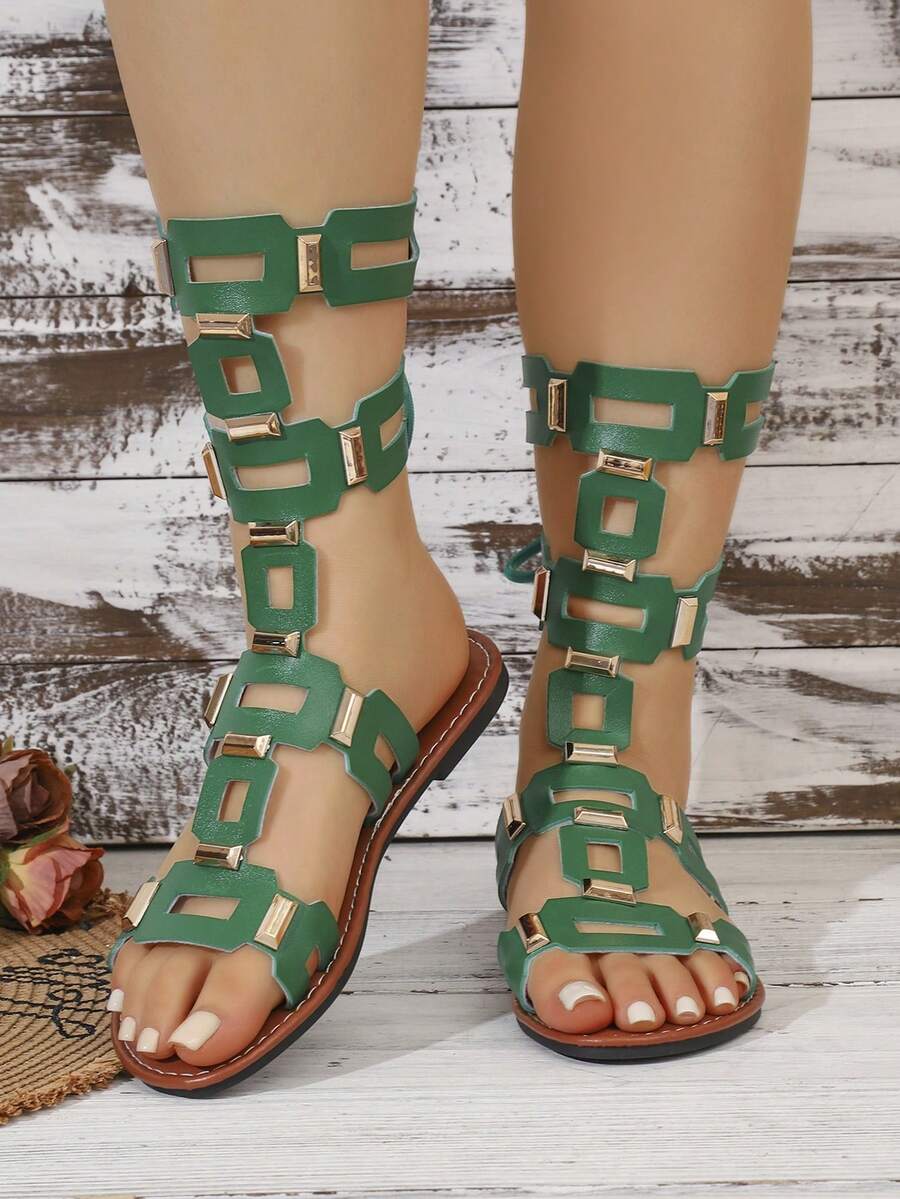 Women's Summer New High-Top Open Toe Lace-Up Design Hollow Out Rivet Inlaid Comfortable Fashion Casual Roman Style Sandals,Beach Shoes