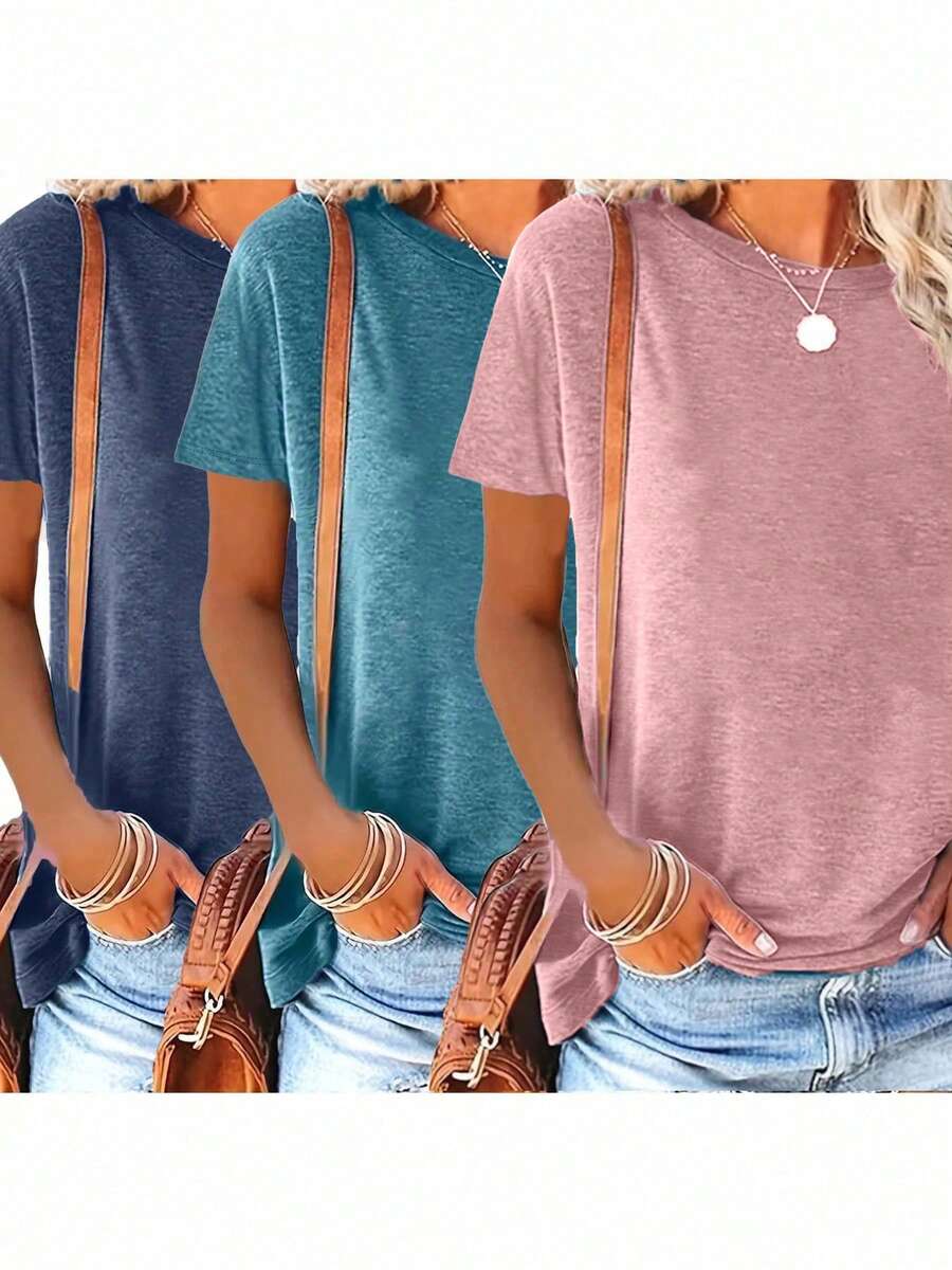 3pcs Solid Color Round Neck Short Sleeve Loose Casual T-Shirt, Suitable For Spring/Summer Daily And Home Wear, Machine Washable