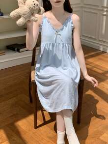 2pcs Women's Sleepwear Set, Solid Color V-Neck Ruffle Trim Slip Dress, Sexy Cute Comfortable Casual Style, Easy Care Fabric, Spring/Summer - Blue - View 10