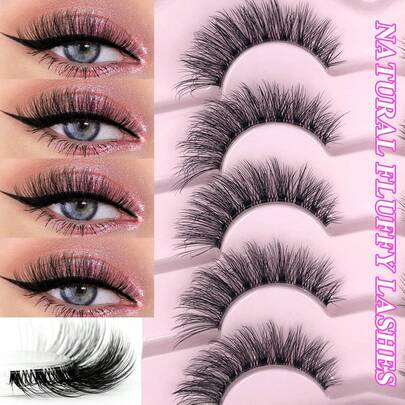 ENCHUW 5对装透明带假睫毛，自然蓬松，打造纤细卷翘的日常妆容。