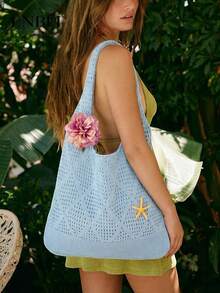 ENBEI 2026 时尚春夏女士复古度假风沙滩包，热带海滨度假编织镂空米色女士手提包，可折叠镂空大容量旅行度假包，旅行必备，适合约会、郊游、购物、度假、观光，是母亲节、情人节或教师节的完美礼物之选。 - 彩色 - 查看 2