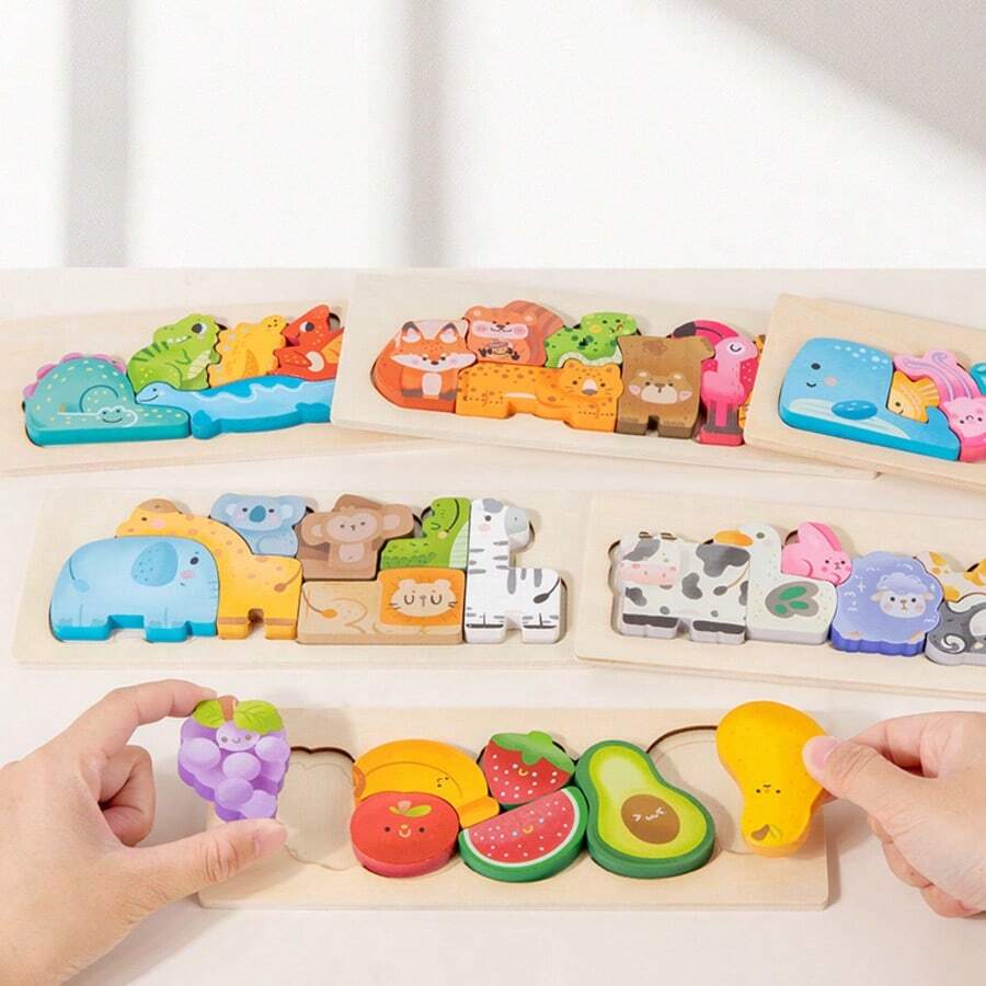 Children's Wooden 3D Puzzle Board Blocks, Parent-Child Interactive Educational Game, Multi-Theme Animal Cognitive Enlightenment Gift